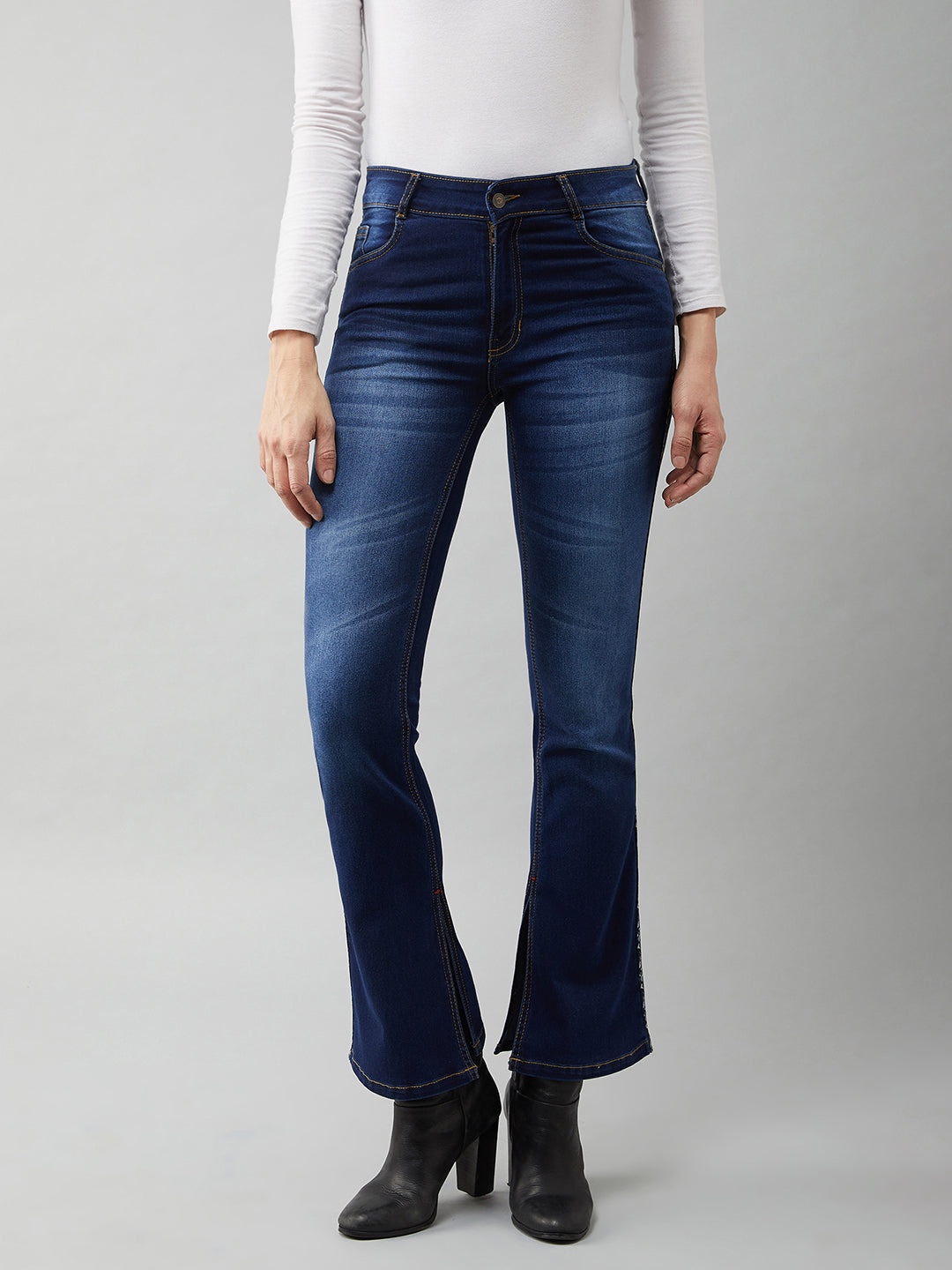 Blue Cotton Bootcut Fit & Flared Mid Rise Regular Length Stretchable Denim Jeans for Women