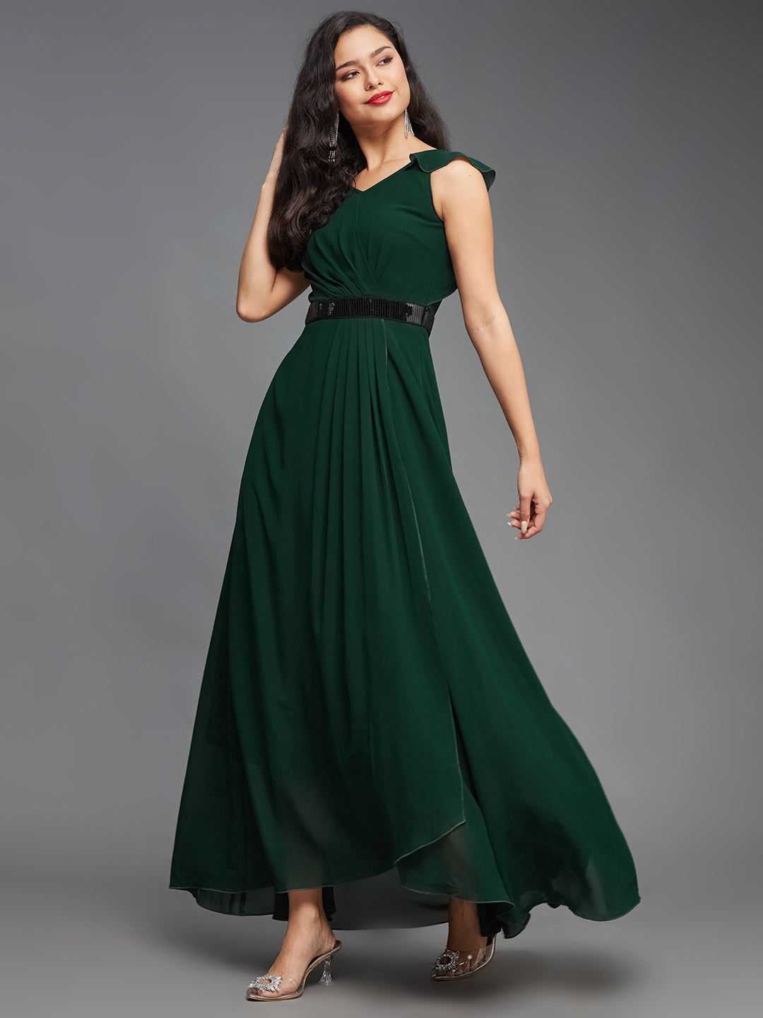 Women's Green V-Neck Ruffled Sleeve Sequined Party Maxi Dress
