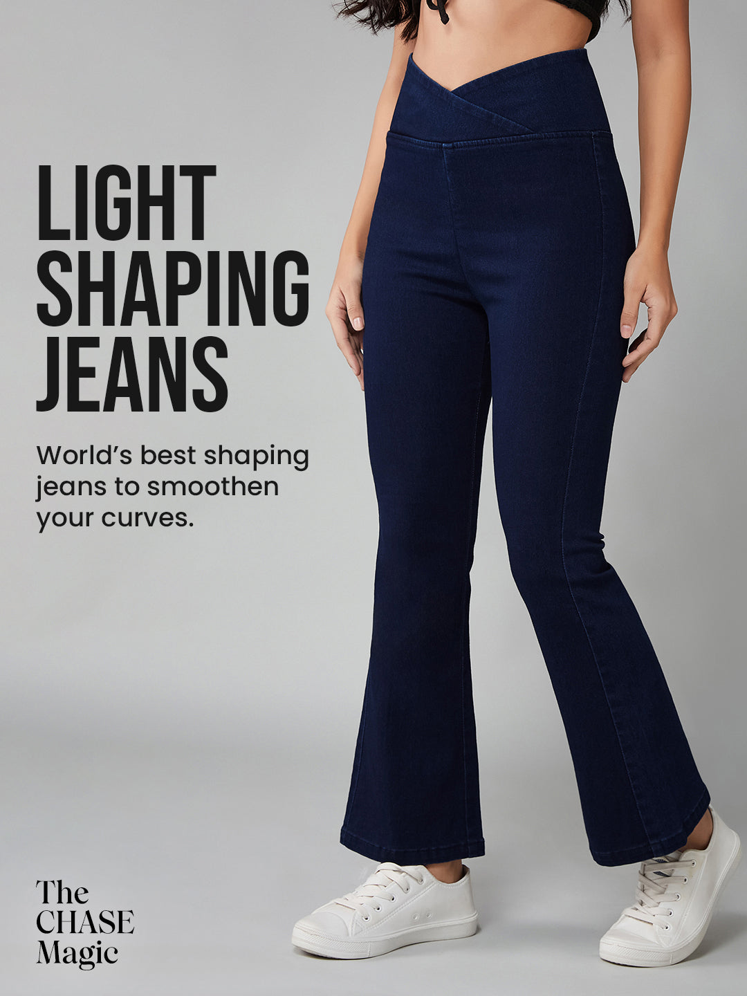 CHASEshape™ Women's Navy Blue High-Rise Clean-Look Regular-Length Stretchable Denim Pull Up Bootcut Shaping Jeans