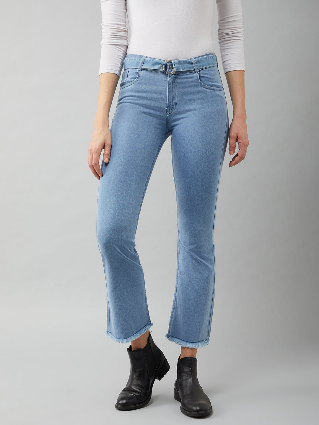 Light Blue Cotton Bootcut Cropped High Rise Stretchable Denim Jeans for Women