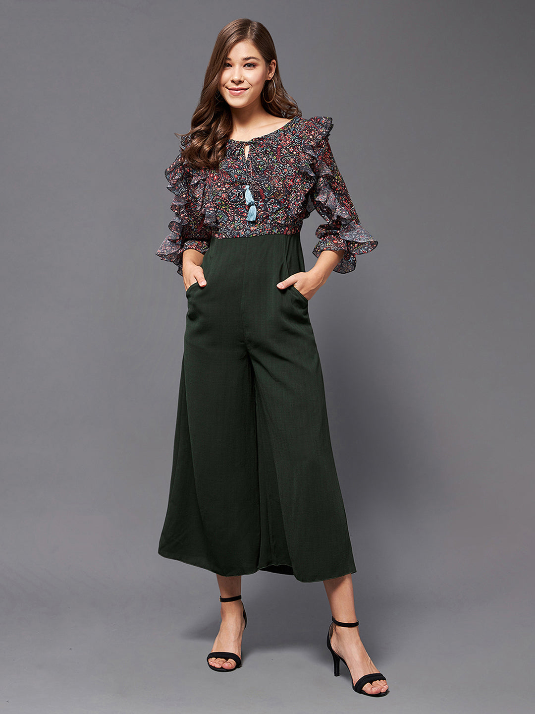 Women's Multicolored-Base-Green Printed Round Neck 3/4 Sleeve Polyester Ruffled Regular Length Jumpsuit