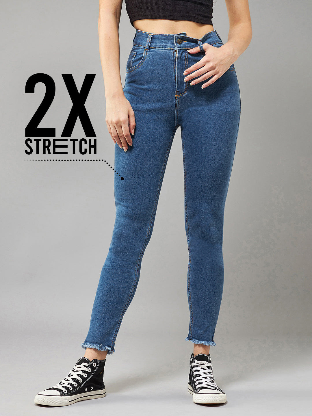 CHASEstretch™ Blue Skinny High-Rise Clean-Look Fringe And Side Zipper Detailing Cropped Denim Jeans