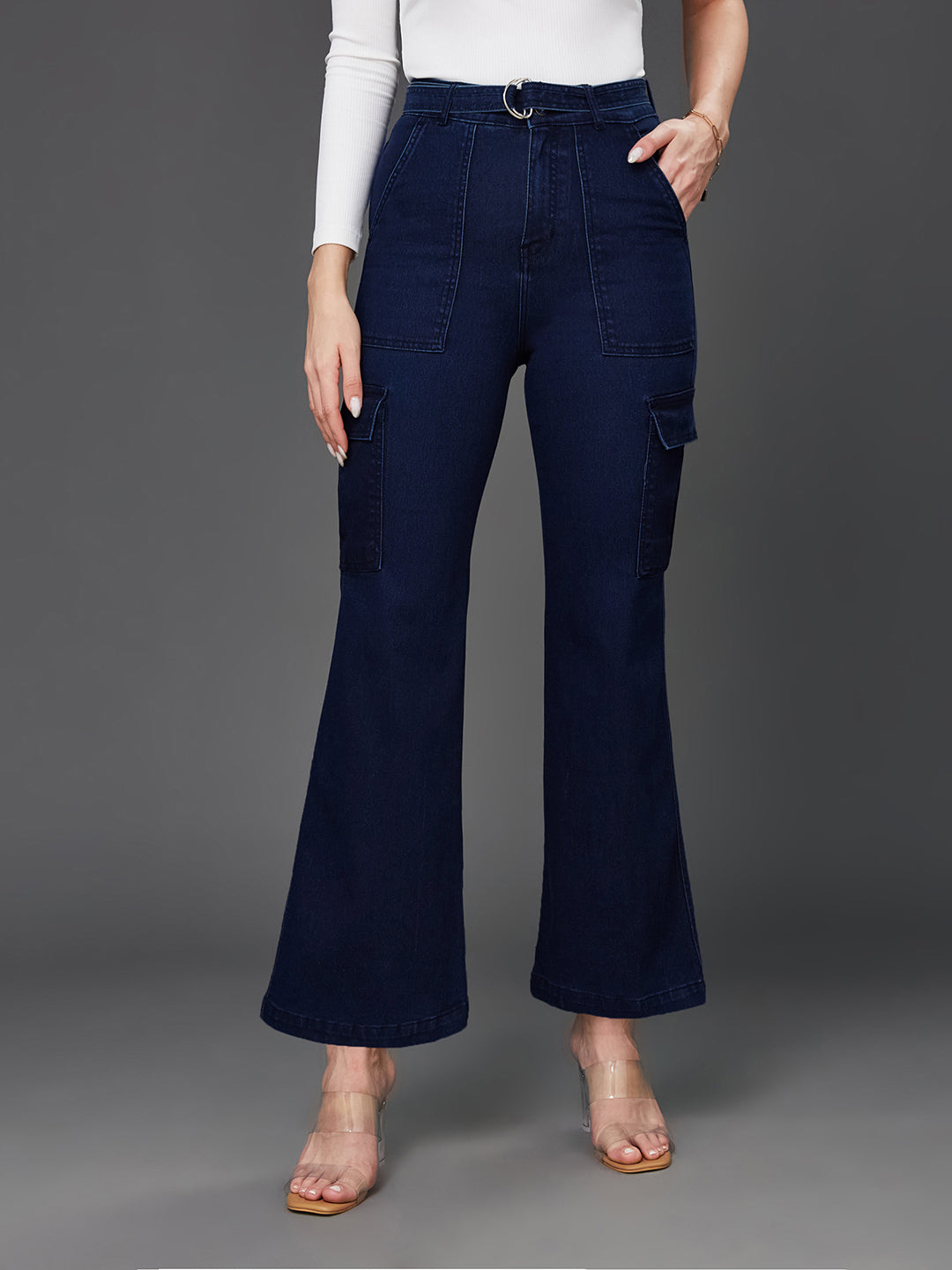 24/7 Comfort Navy Blue Wide-Leg High-Rise Clean-Look Regular Stretchable Cargo Denim Jeans