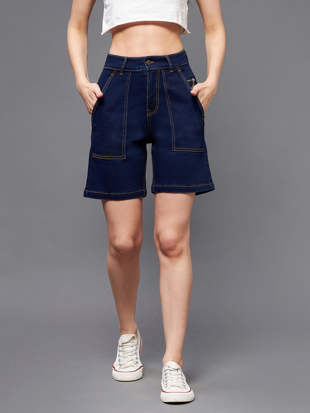 Women's Navy Blue Regular High-Rise Clean-Look Above Knee Stretchable Denim Shorts