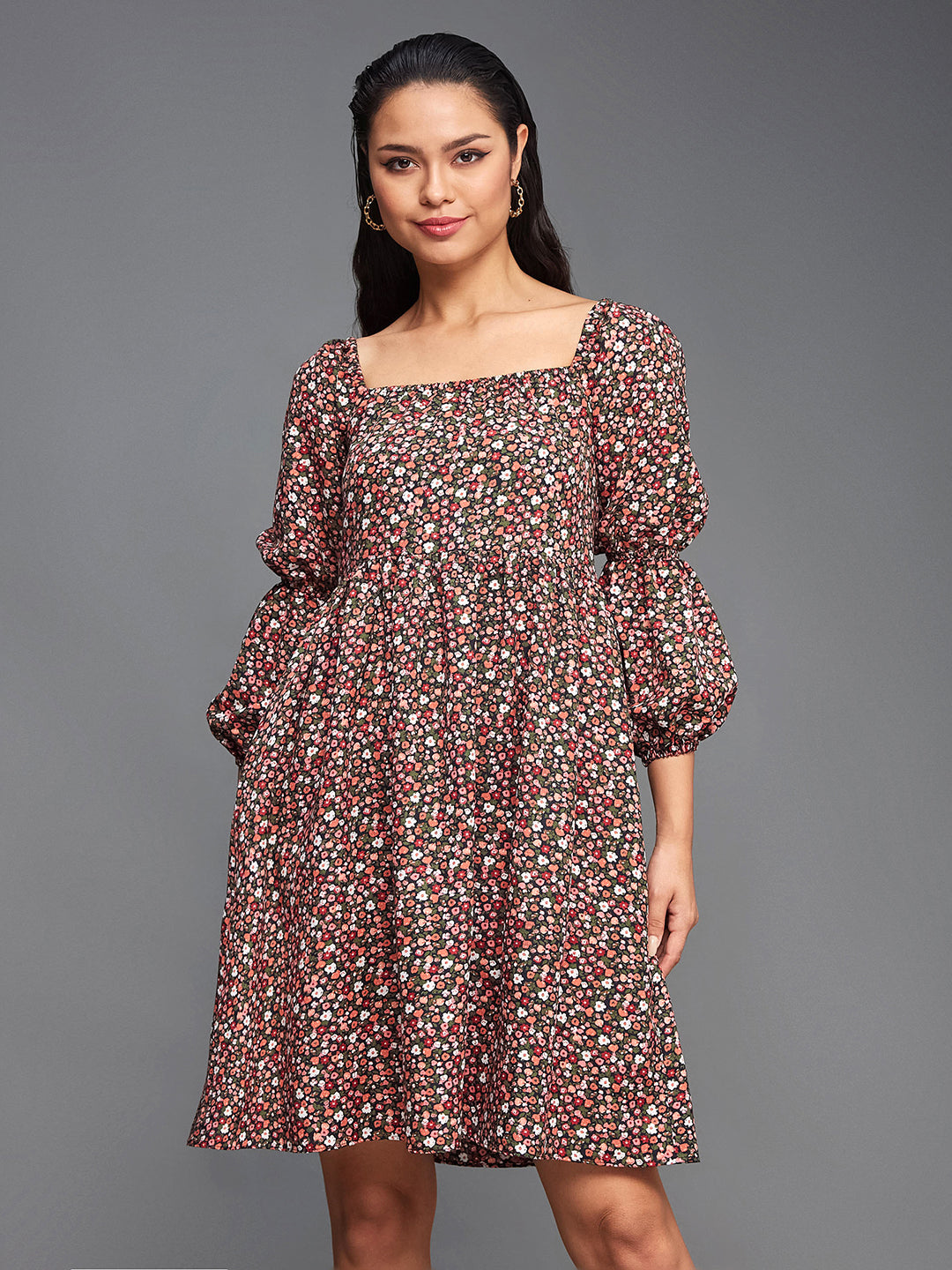 Women's Multicolored-Base-Black Square Bishop Sleeve Viscose Rayon Floral Gathered Above Knee Dress