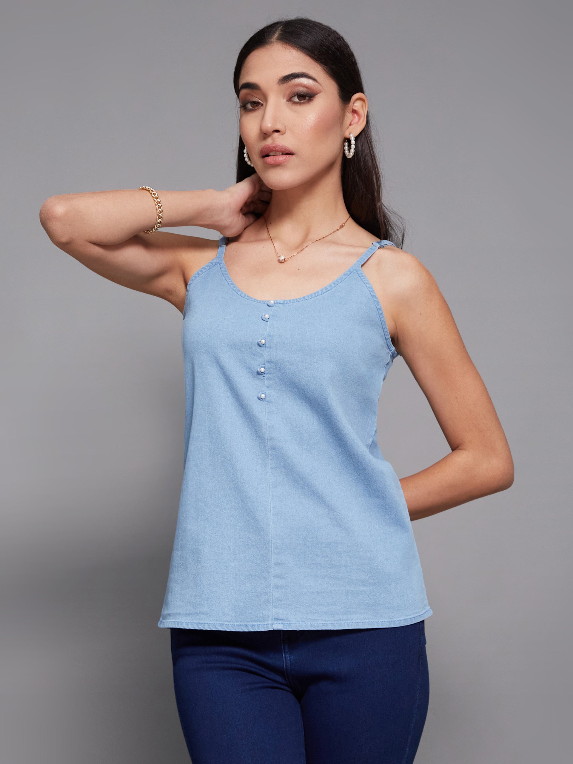 Women's Light Blue Straight Clean-Look Regular Denim Top