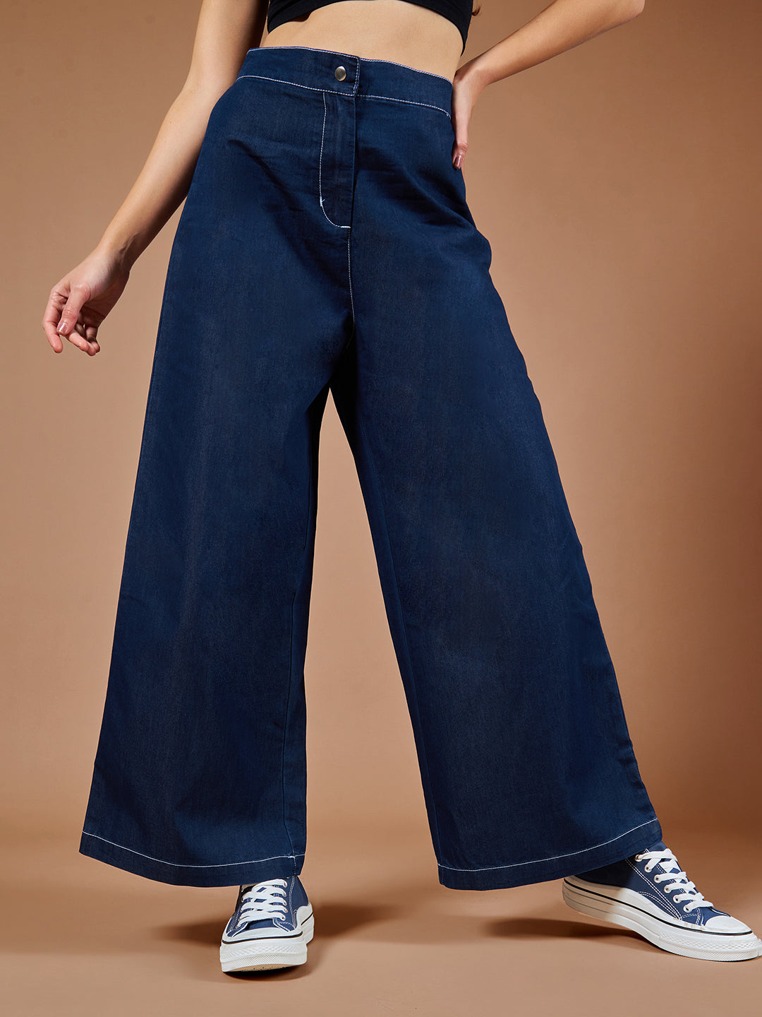 Women's Navy Blue Wide-Leg High-Rise Denim Pants