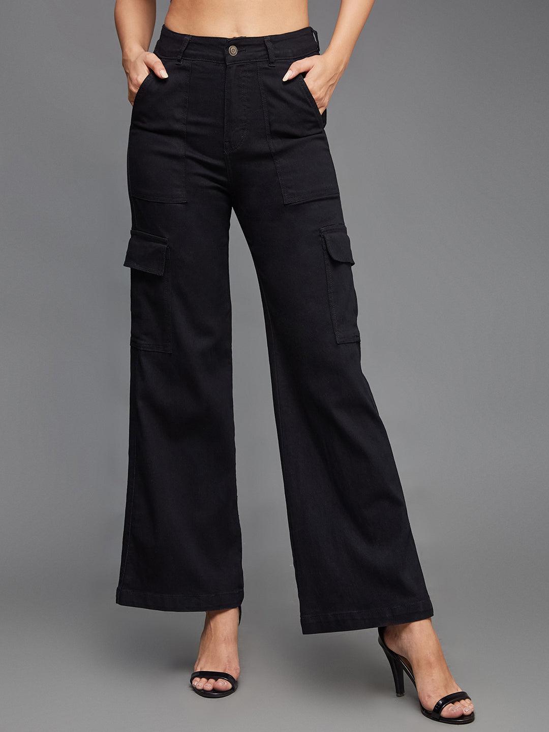 24/7 Comfort Black Wide-Leg High-Rise Stretchable Denim Cargo Jeans