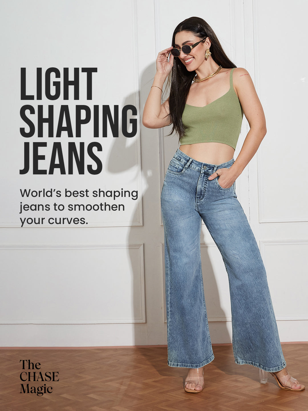 CHASEshape™ Women's Light Blue High Rise Clean Look Regular-Length Stretchable Denim Wide Leg Shaping Jeans