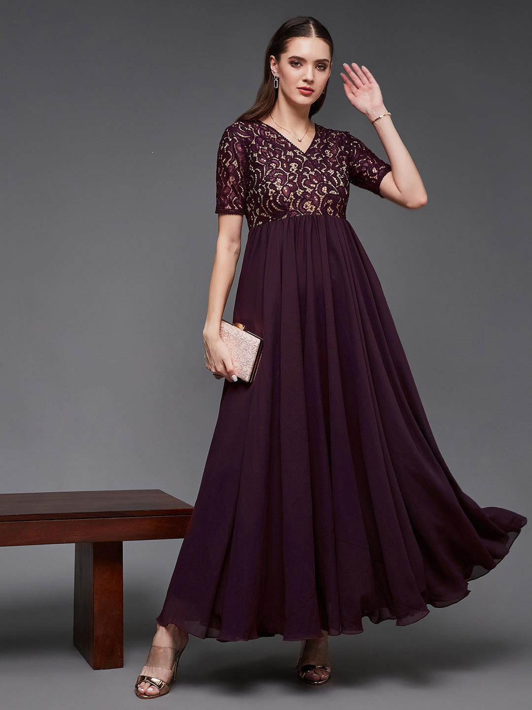 Wine V-Neck Half Sleeve Self Designed Wrap Georgette Maxi Dress for Wo