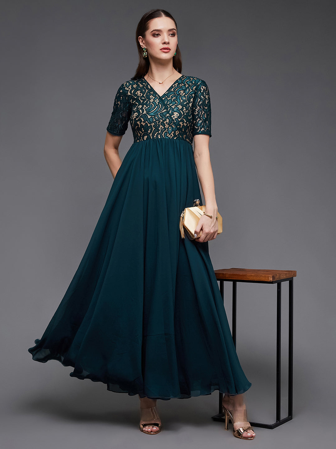 Teal V-Neck Half Sleeve Self Designed Wrap Georgette Maxi Dress for Women