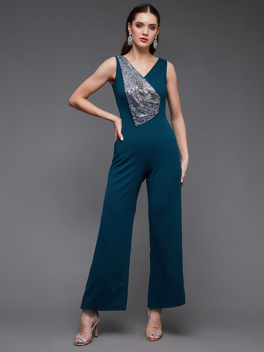 Teal V-Neck Sleeveless Embellished Straight-Leg Regular-Length Polyester Jumpsuit for Women