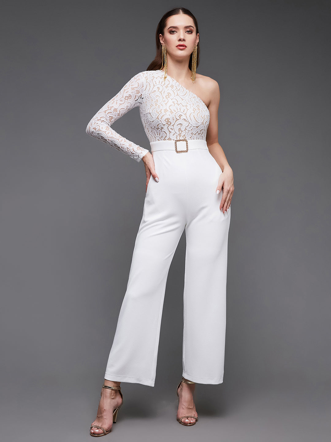 Women's Off White Self Design One-Shoulder Polyester Lace-Overlaid Slim Fit  Regular Jumpsuits