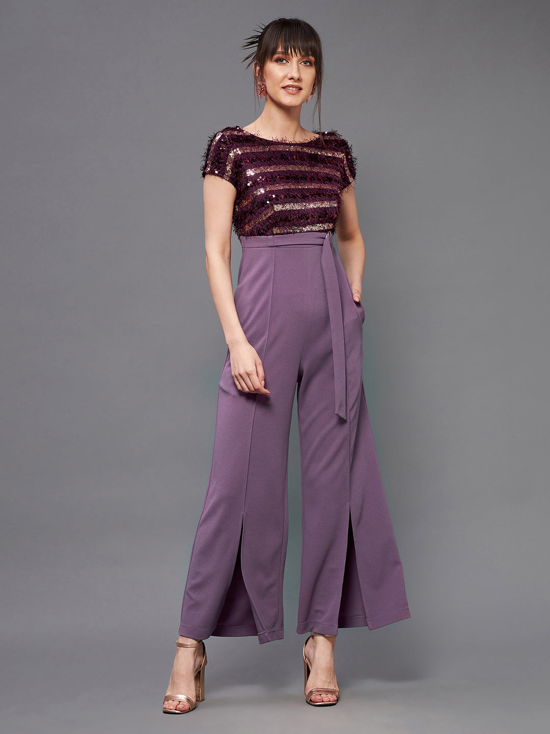 Women's Purple Round Neck Short Sleeve Embellished Front Slit Fringed Regular Jumpsuit