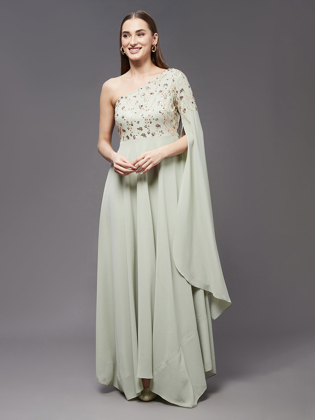 Women's Dusty Green And Golden Sequined Party Asymmetric Maxi Dress