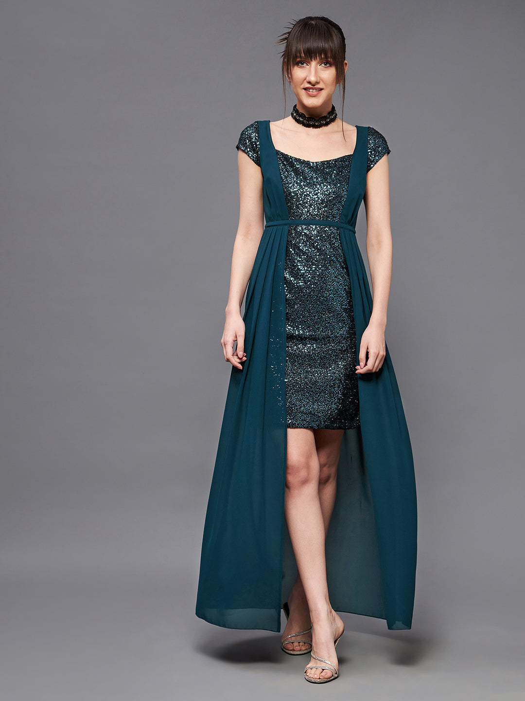 Teal Cap Sleeves Sequinned Maxi Dress Gown Frock with Cape for Women | Ladies' Cocktail Hour Edit