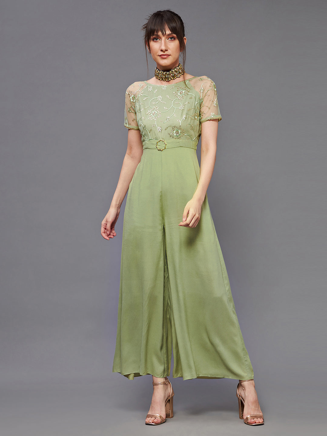 Women's Light Green Round Neck Raglan Viscose Rayon Embroidered Straight Leg Regular Jumpsuit