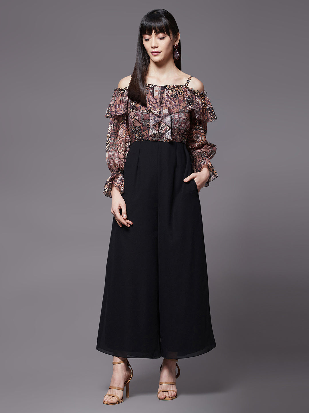 Women's Multicolored-Base-Black Off-Shoulder Ruffled Sleeve Animal Print Frilled Regular Jumpsuit