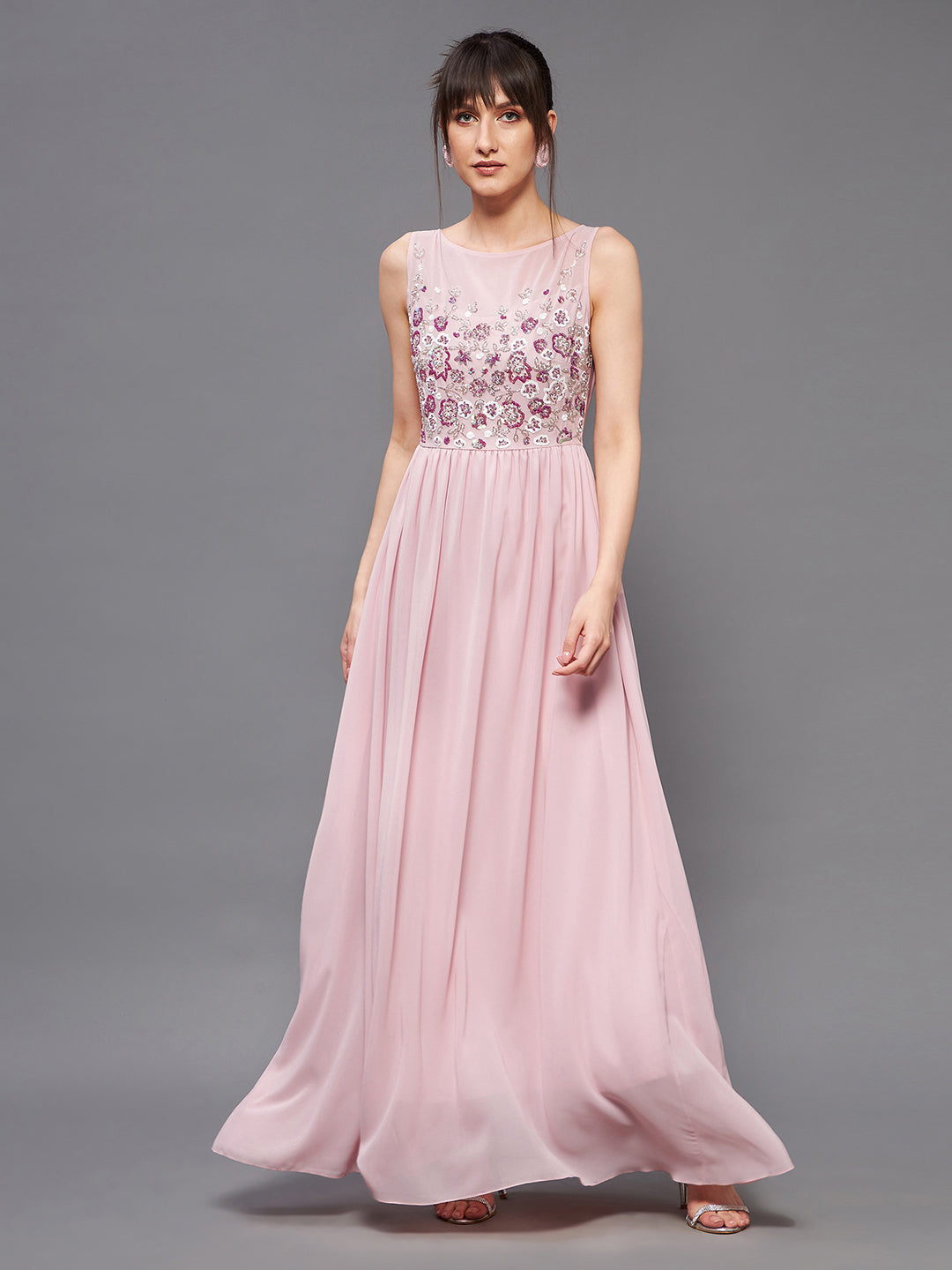 Light Pink Sleeveless Fit and Flare Sequinned Maxi Dress Long Dress Frock for Women