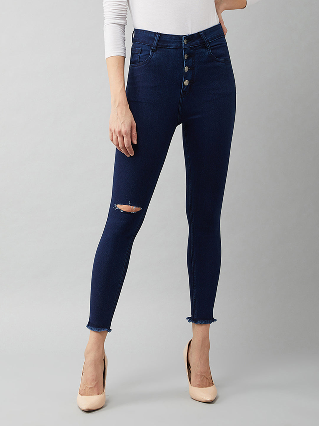 24/7 Comfort Navy-Blue Cotton Skinny-Fit Cropped High-Rise Stretchable Denim Jeans