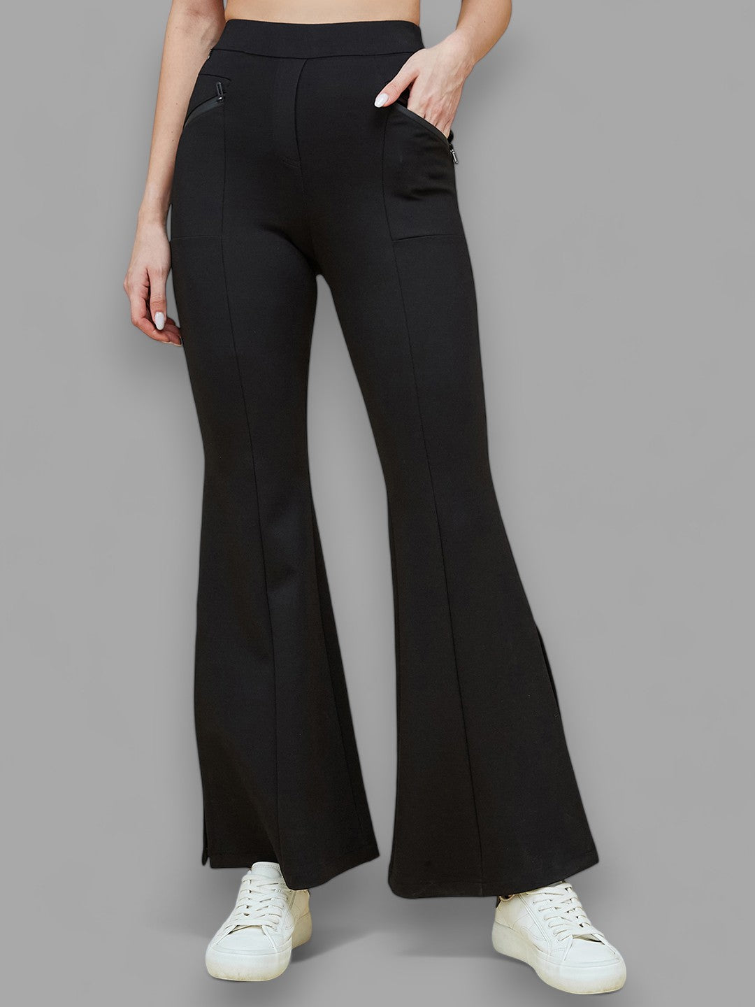 Women's Black Viscose Solid Side Slit Bootcut Regular Trousers