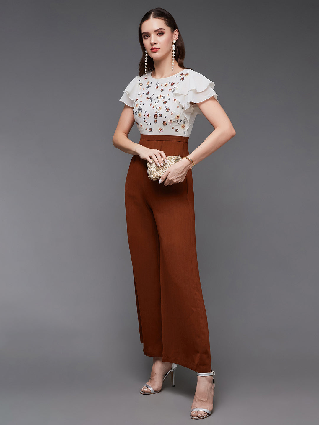 Women's Off White & Rust Round Neck Extended Sleeve Embellished Regular Jumpsuit