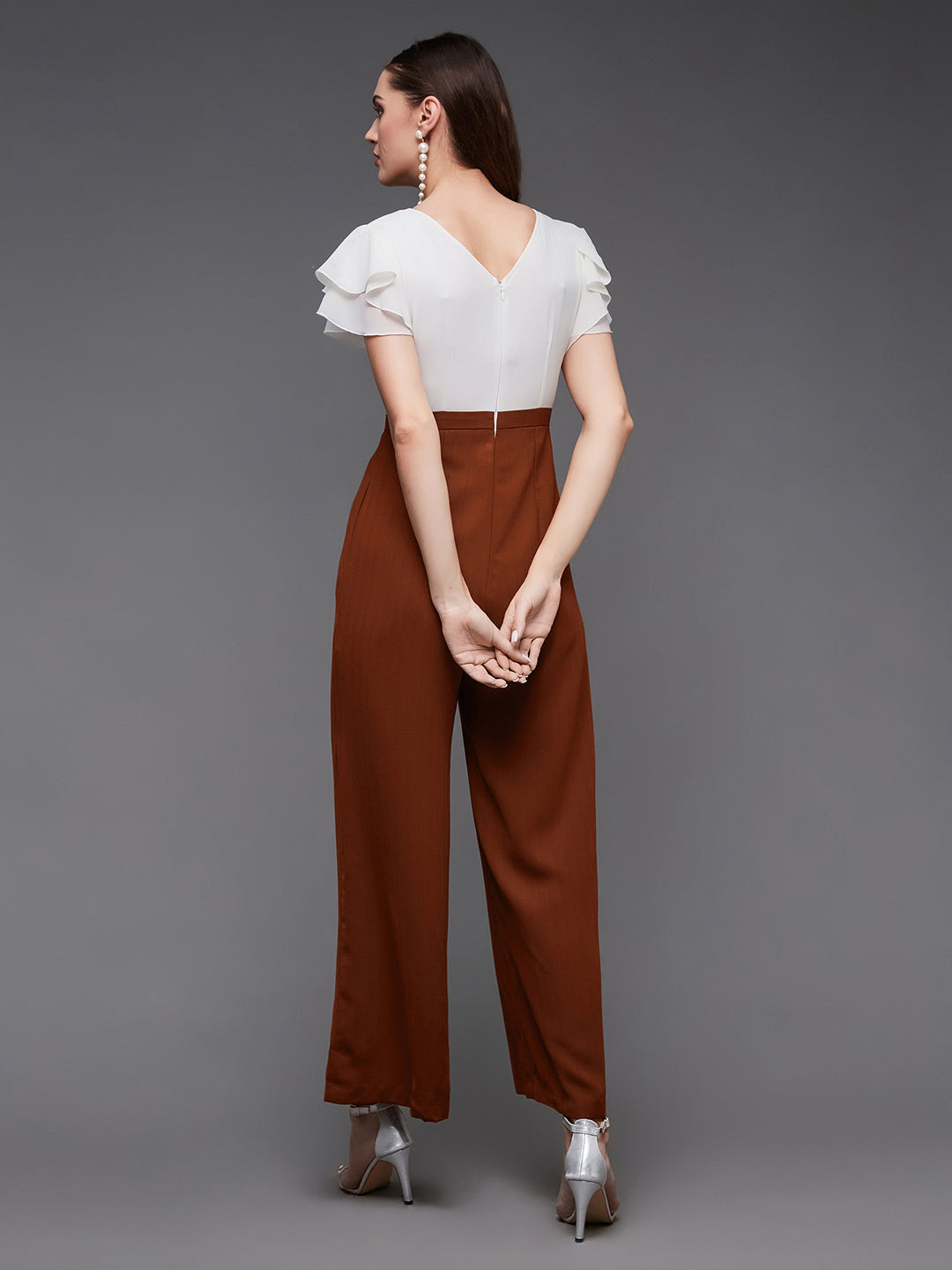 Women's Off White & Rust Round Neck Extended Sleeve Embellished Regular Jumpsuit