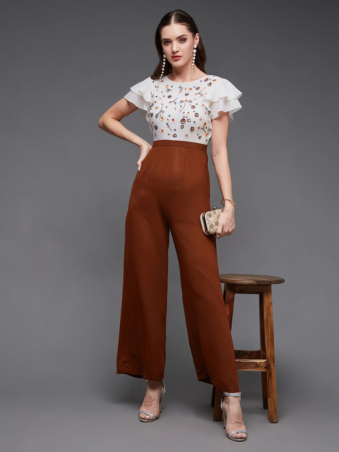 Women's Off White & Rust Round Neck Extended Sleeve Embellished Regular Jumpsuit