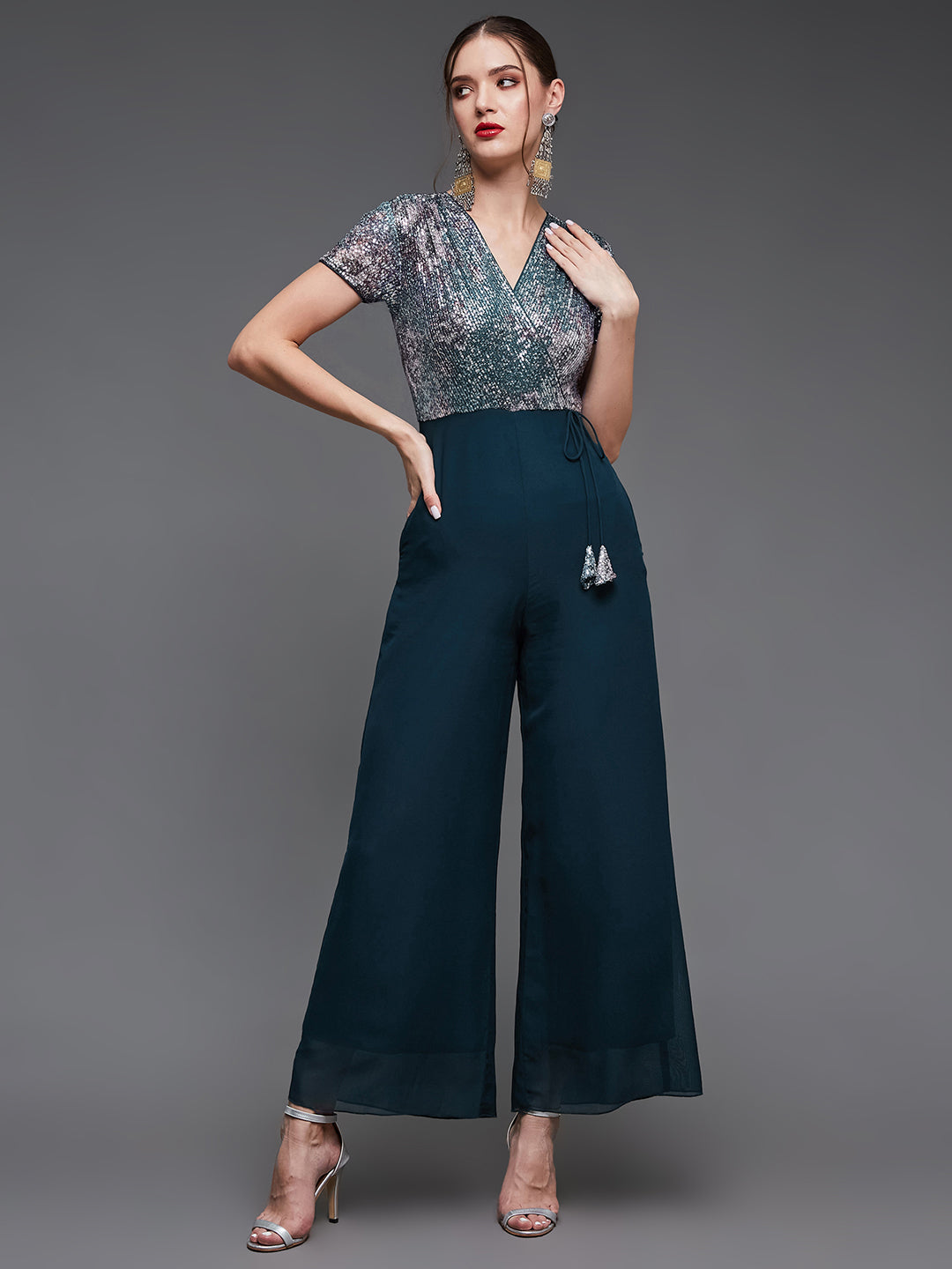 Multicolored-Base-Teal V-Neck Short-Sleeve Embellished Wrap-Styled Regular-Length Georgette Jumpsuit for Women