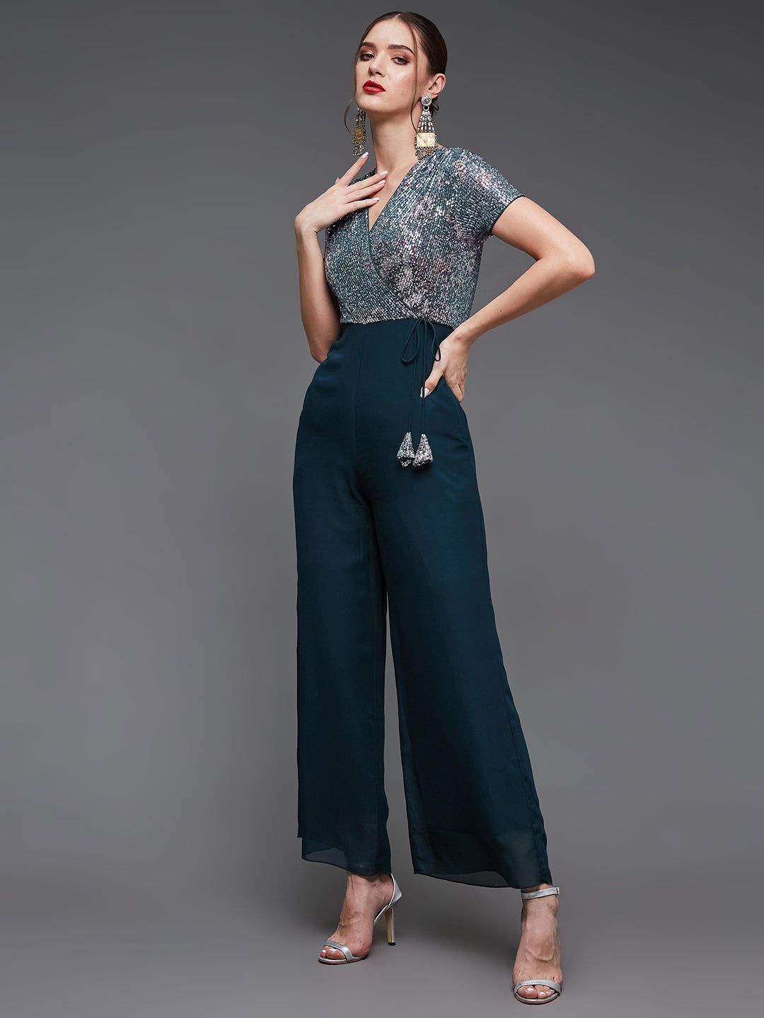 Multicolored-Base-Teal V-Neck Short-Sleeve Embellished Wrap-Styled Regular-Length Georgette Jumpsuit for Women