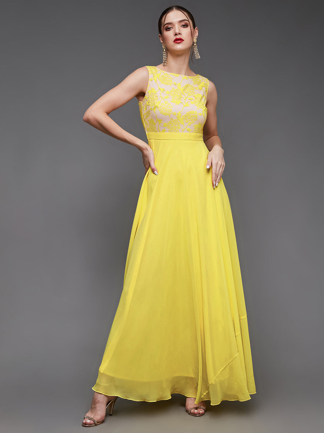 Women's Light Yellow Round Neck Sleeveless Georgette Lace Floral Fit Flare Maxi Dress