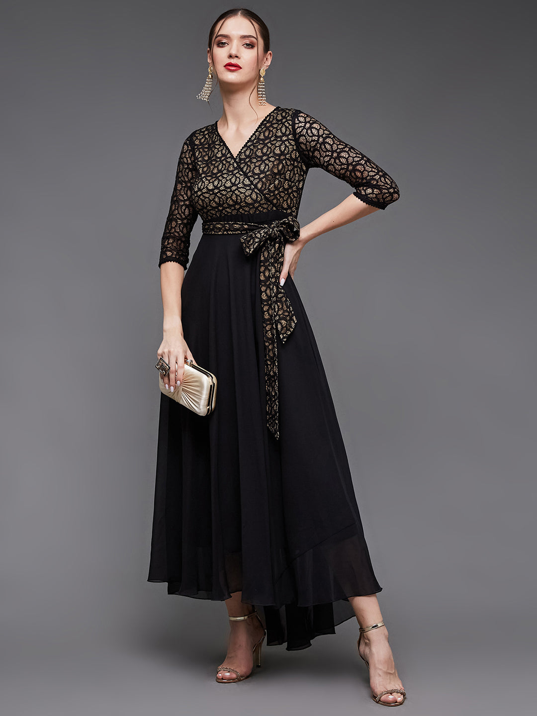 Women's Black Self-Designed Relaxed Fit V-Neck 3/4th Sleeve Georgette Lace Maxi Dress