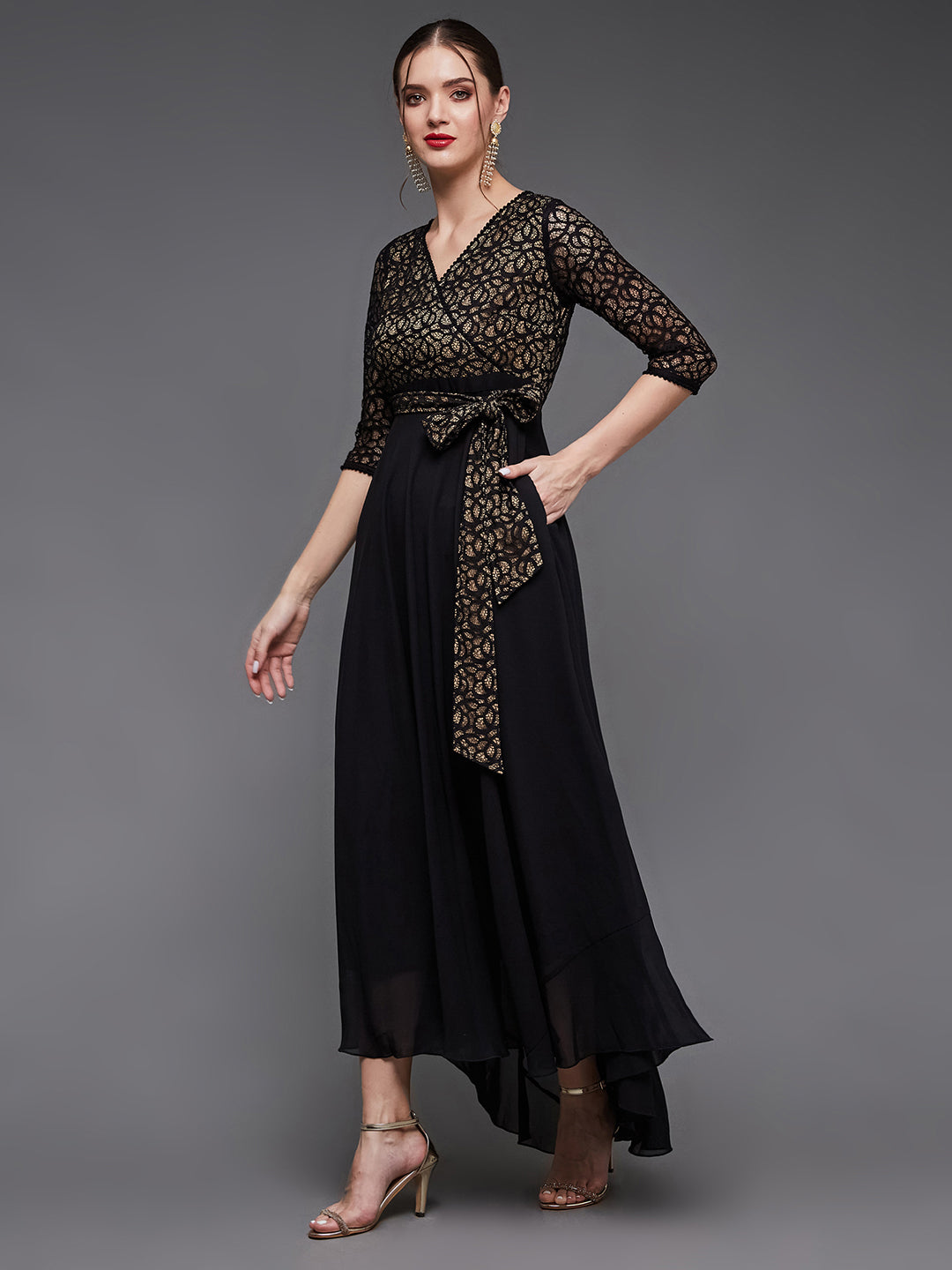 Women's Black Self-Designed Relaxed Fit V-Neck 3/4th Sleeve Georgette Lace Maxi Dress