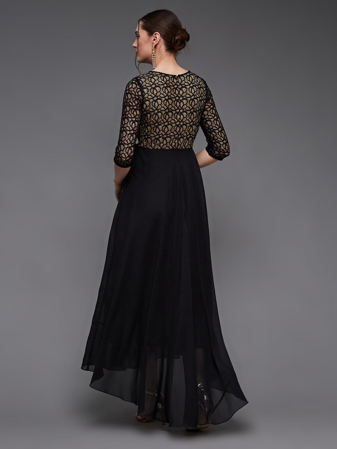 Women's Black Self-Designed Relaxed Fit V-Neck 3/4th Sleeve Georgette Lace Maxi Dress