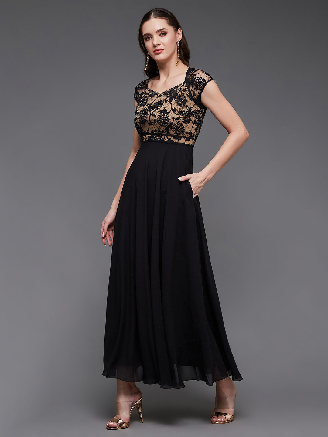Women's Black Floral V - Neck Cap Short Sleeves Lace Overlaid Fit & Flare Paneled Maxi Dress