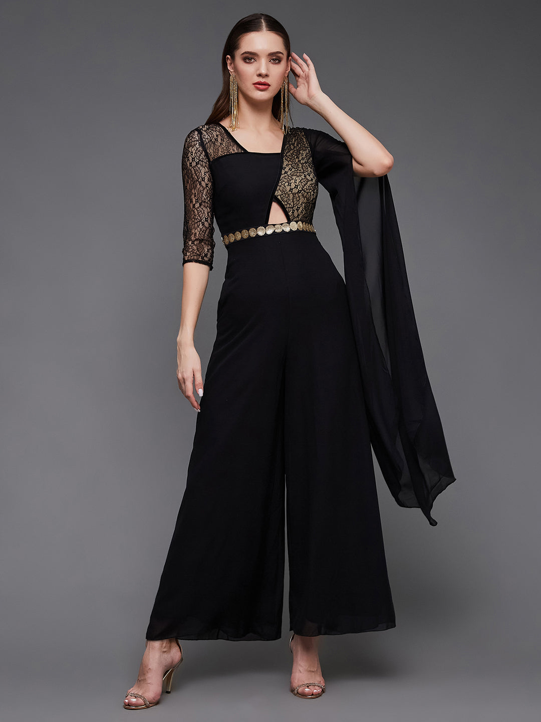 Women's Black & Beige Square Neck Asymmetric Sleeve Self Design Cut-out Jumpsuit