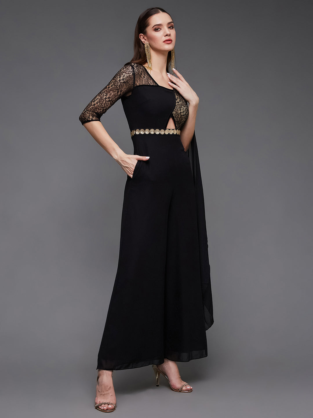 Women's Black & Beige Square Neck Asymmetric Sleeve Self Design Cut-out Jumpsuit