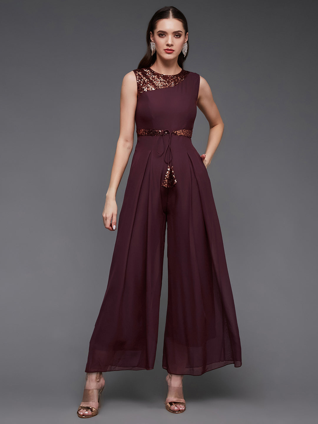 Women's Wine Sequined Relaxed Fit Sleeveless Round Neck Straight Party Jumpsuit