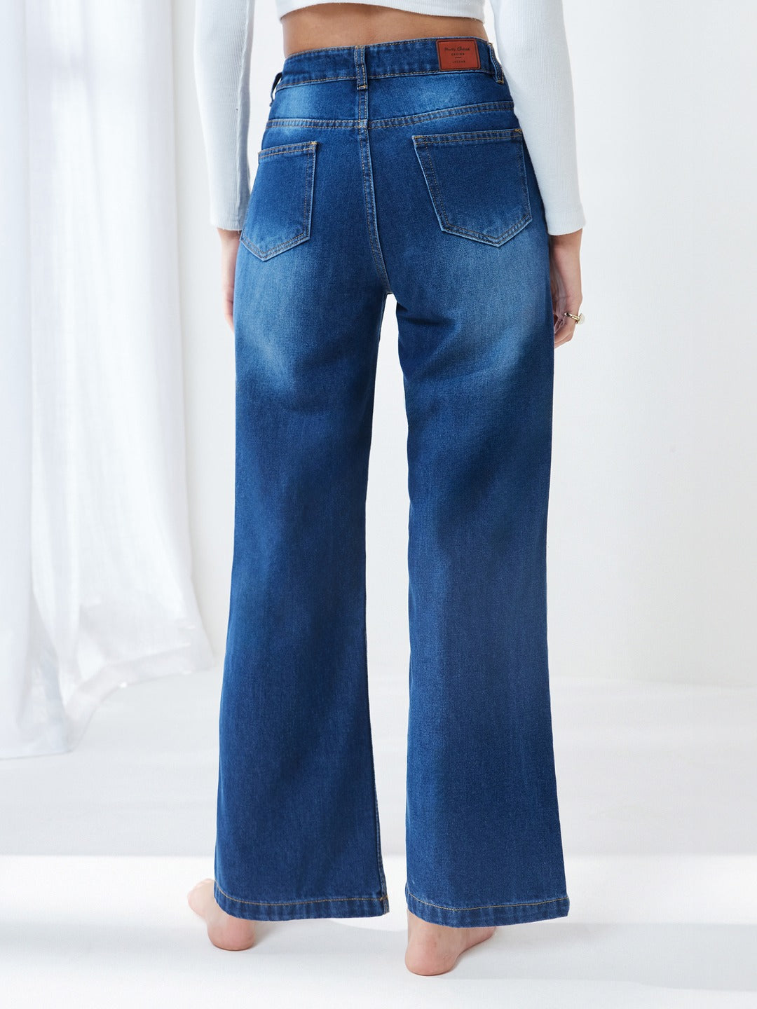 Dark Blue High-Rise Wide-Leg Flared Non-Stretch Jeans with Hand-Painted Art for Women