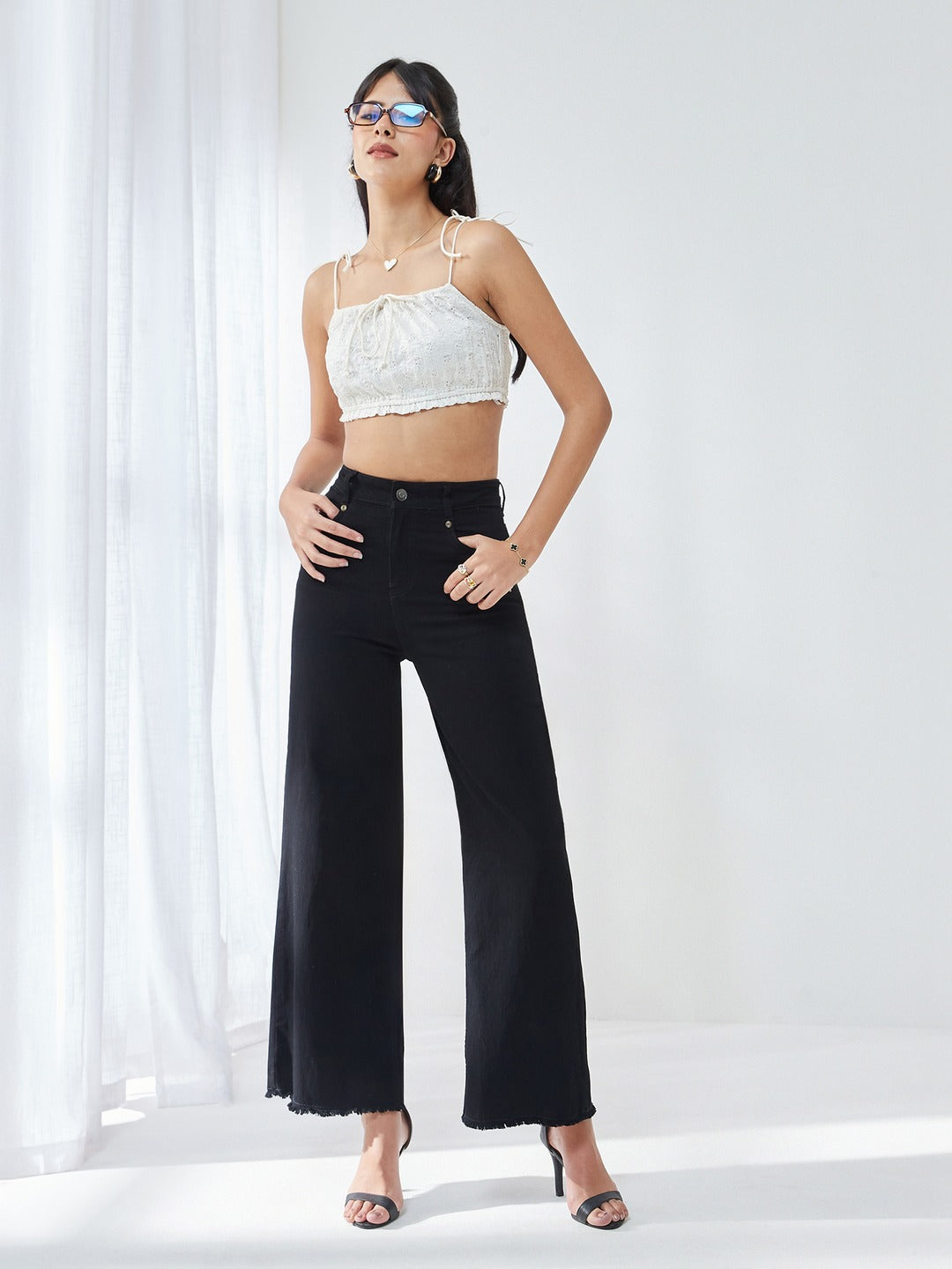 Black High Rise Stretchable Wide Leg Denim Jeans for Women