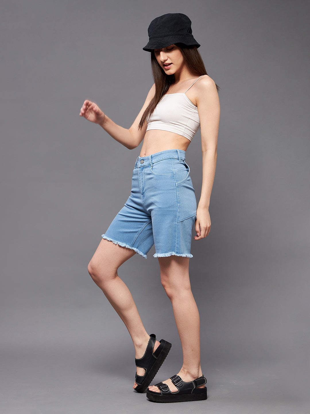 Light-Blue Regular High-Rise Clean-Look Above Knee Stretchable Denim Shorts for Women