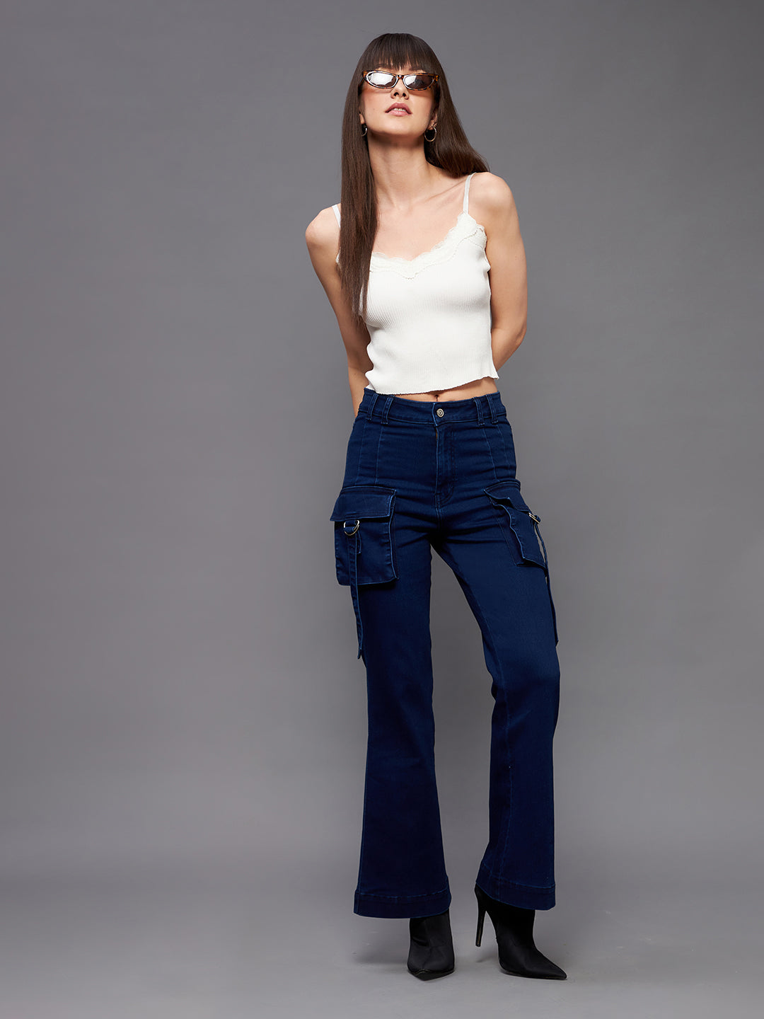 24/7 Comfort Navy-Blue Bell-Bottom Bootcut High-Rise Stretchable Cargo Denim Jeans