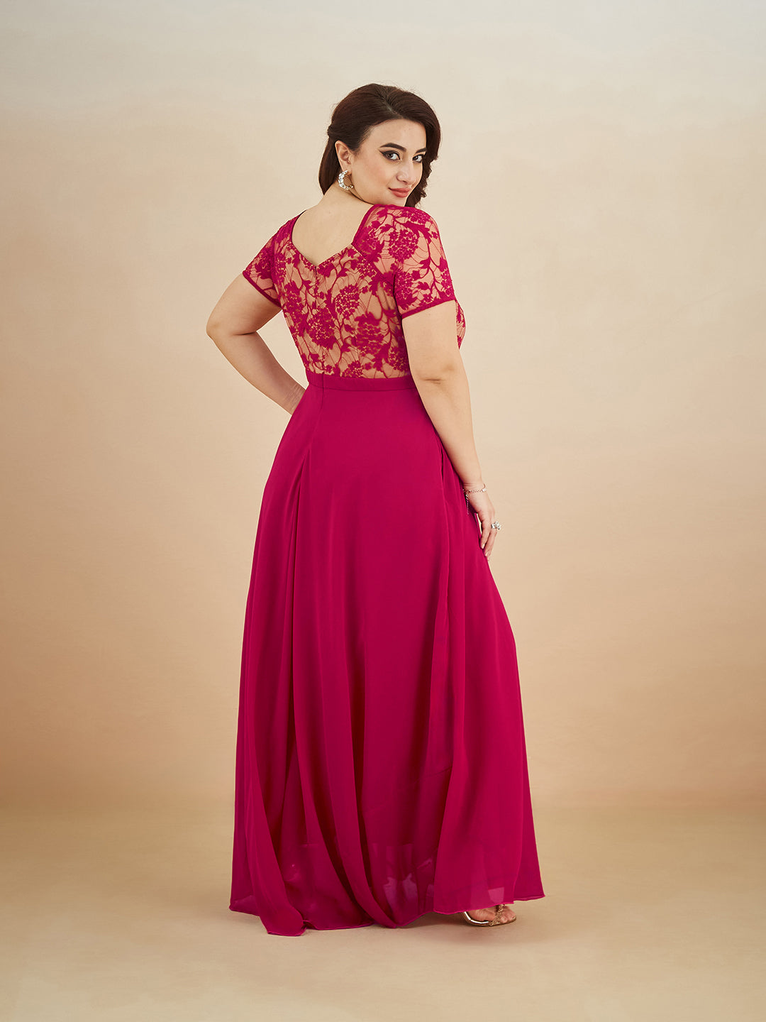 Dark Pink Square Neck Raglan Short Sleeve Self Design Lace Overlaid Georgette Maxi Dress for Women
