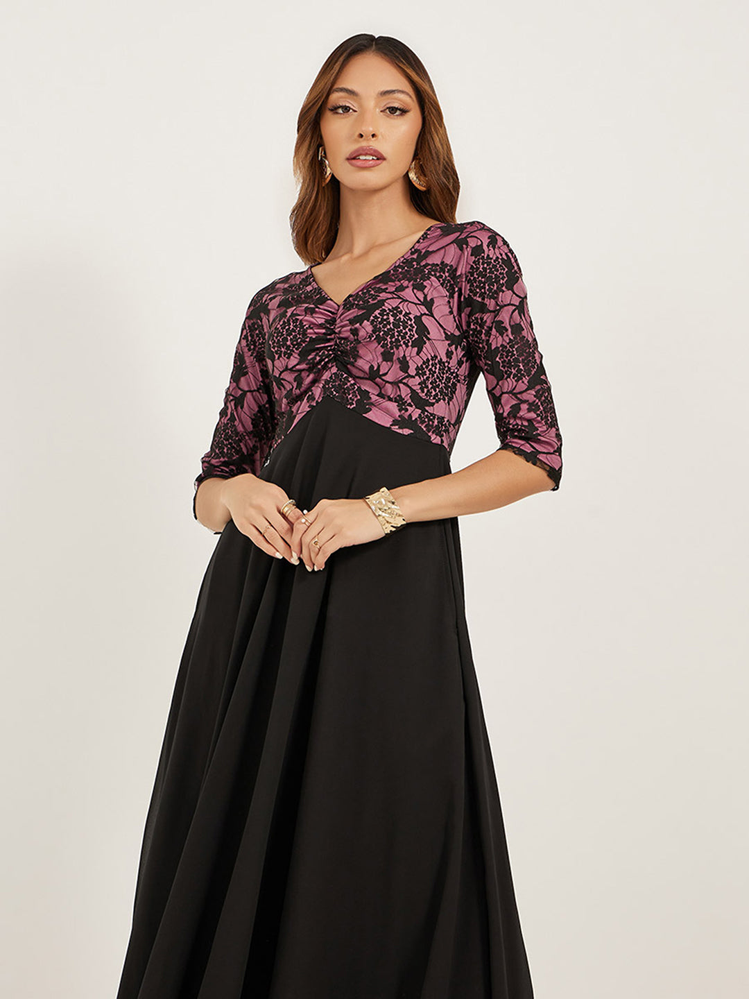 Women's Black And Lavender Sweet heart neck 3/4 Sleeve Self Design Fit & Flare Maxi Dress