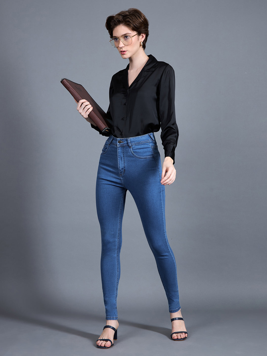 Women's Blue Skinny High Rise Distressed Regular Length Denim Jeans