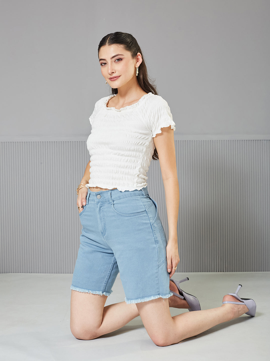 Light-Blue Regular High-Rise Above Knee Stretchable Denim Shorts for Women