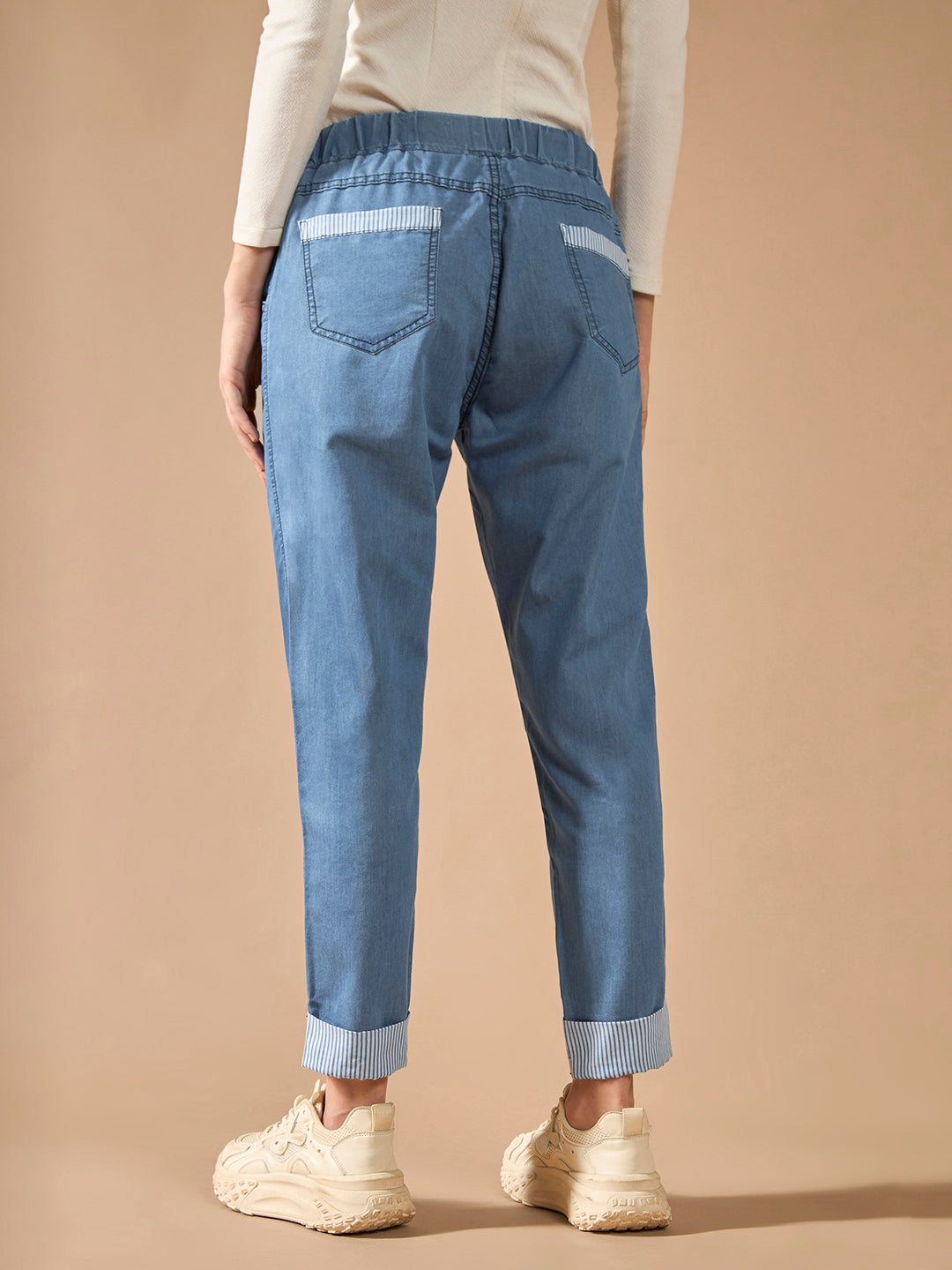 Women's Blue High-Rise Clean-Look Solid Cropped Striped Detailing Denim Joggers