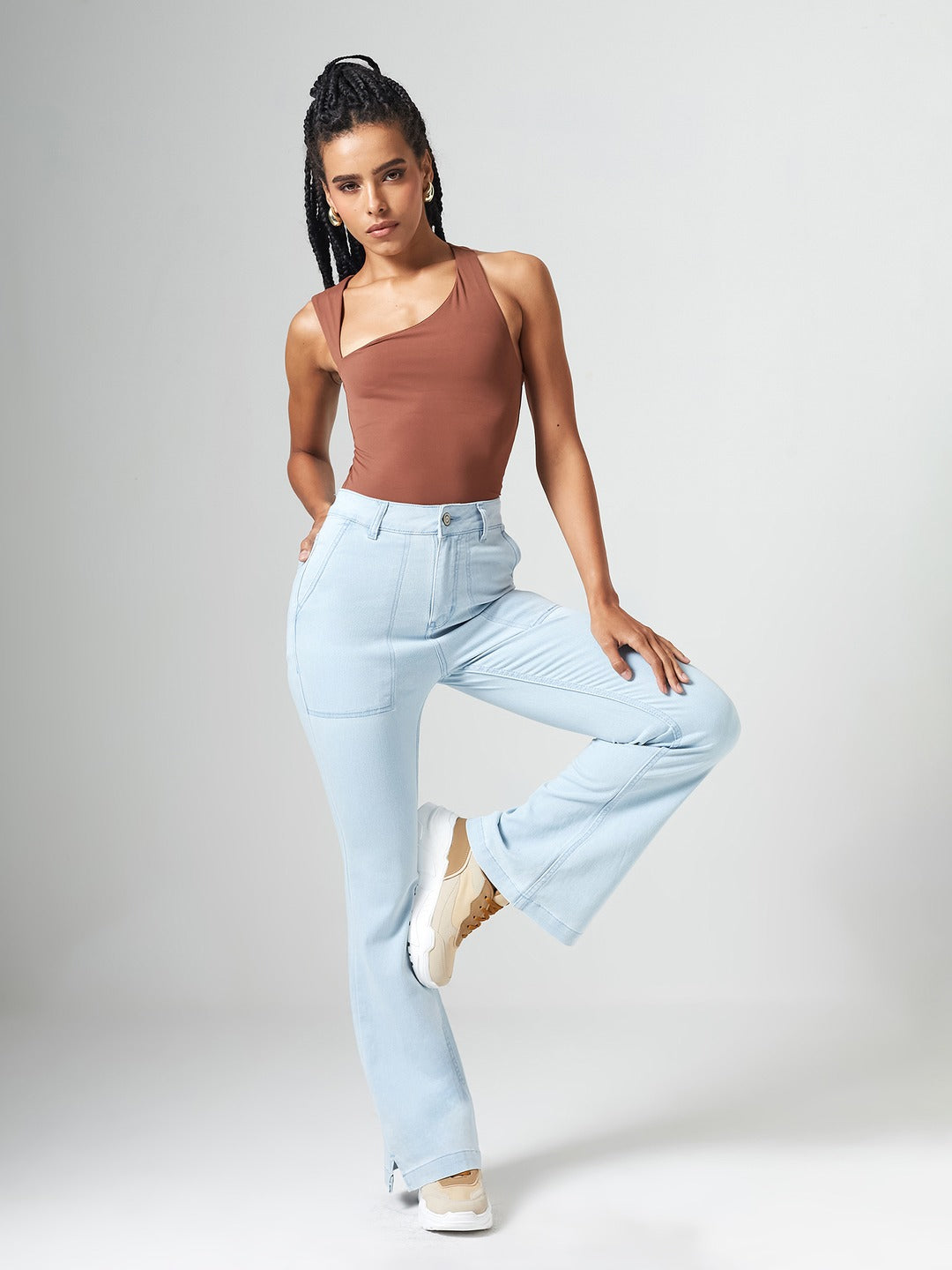 Light Blue Bootcut High rise Clean look Regular Stretchable Denim Jeans for Women
