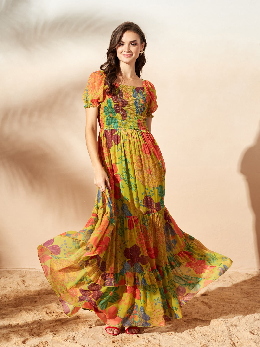 Lime Green Square Neck Puff Sleeve Floral Fit And Flare Maxi Chiffon Dress for Women