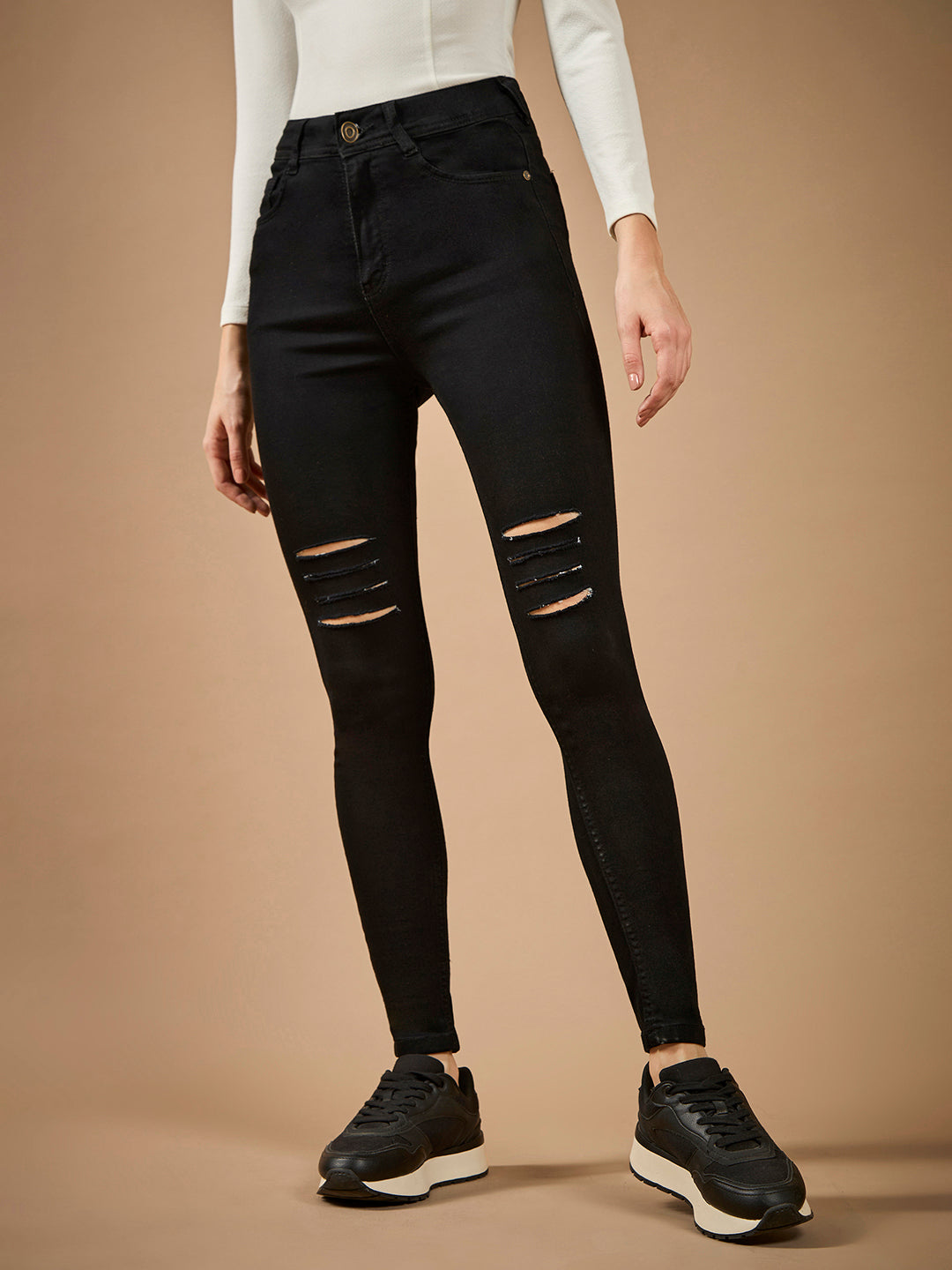 CHASEstretch™ Black Slim-Fit High-Rise Mild Distressed Ripped Denim Jeans